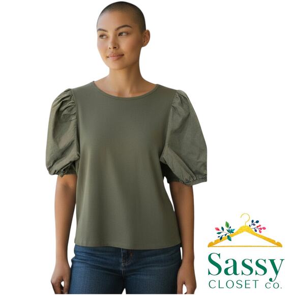 Banana Republic Puff Sleeve Crew Neck Tee Olive Green Size S EUC ✨ - Picture 1 of 8